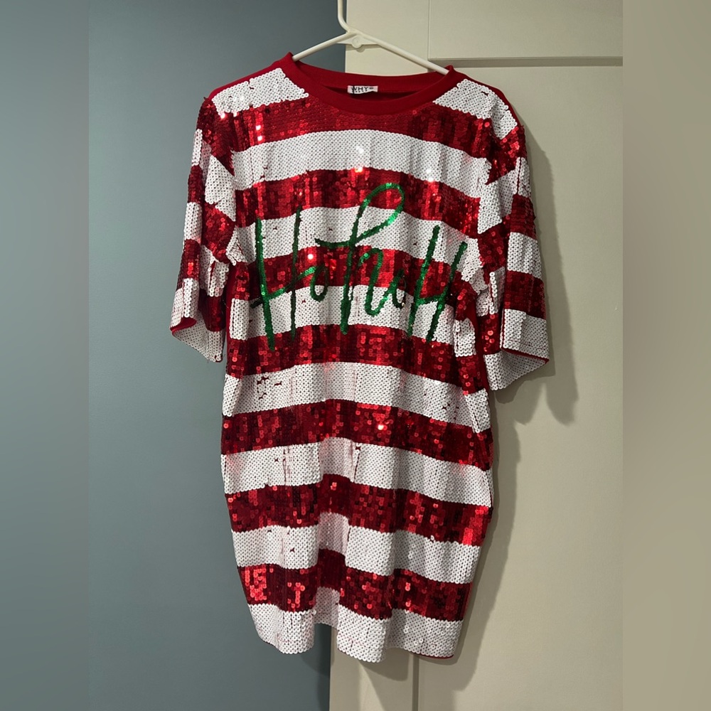 Why one size sequence Red and White Ho Ho Ho dress.
